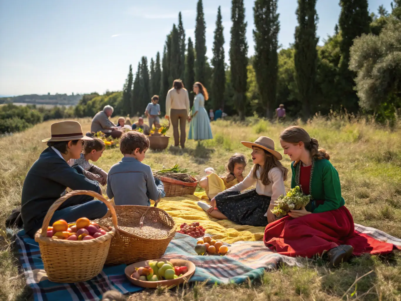 A heartwarming image of a community gathering in Collonges, with families participating in a festive activity, such as a Christmas market or a summer picnic.