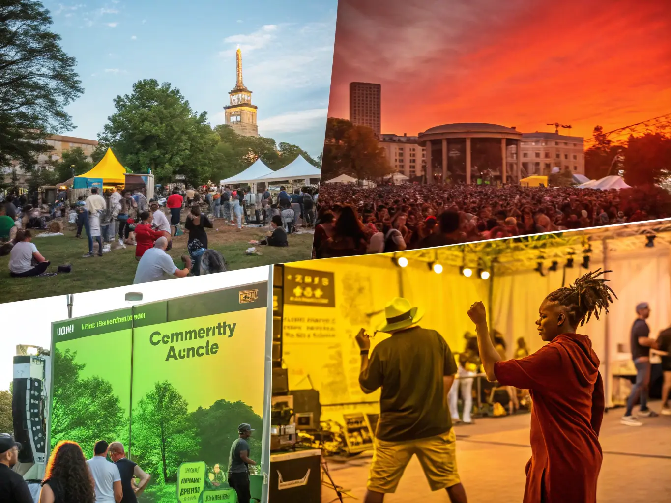 A vibrant image depicting a community event organized by CAS COLLONGES ANIMATIONS SPECTACLES, showcasing people of all ages enjoying a festive atmosphere with music, food, and interactive activities.
