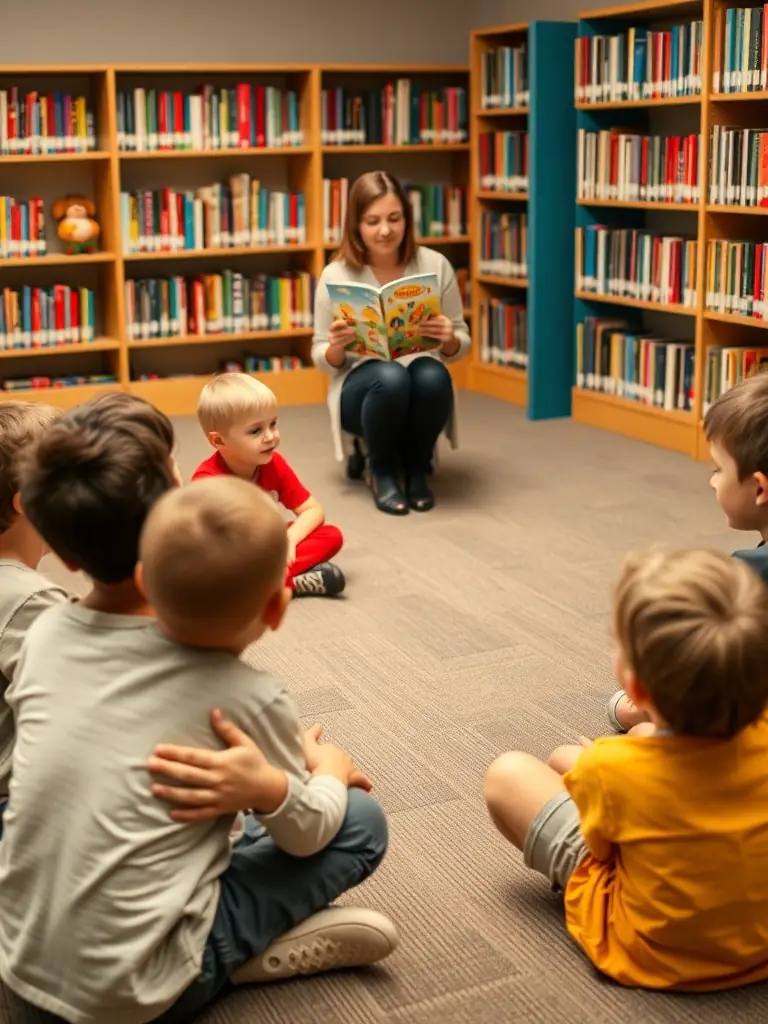 A heartwarming image of children participating in an interactive storytelling session during the 'Contes et Histoires' program, organized by CAS COLLONGES ANIMATIONS SPECTACLES in the local library.