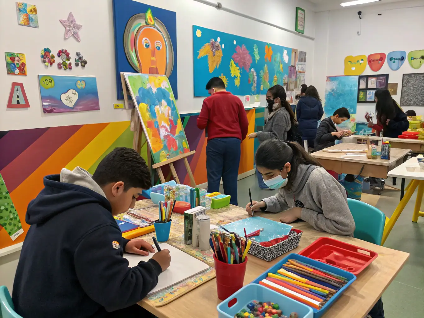 A group of children participating in an art workshop, creating colorful paintings and sculptures.