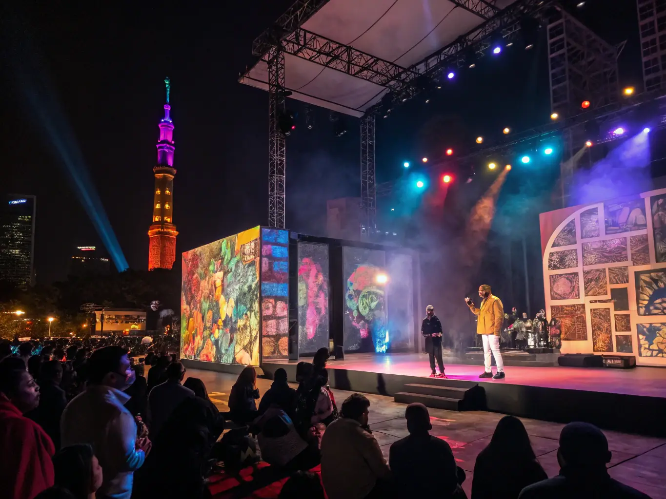 A dynamic image showcasing a modern cultural event in Collonges, featuring contemporary music, art installations, and interactive activities for all ages.